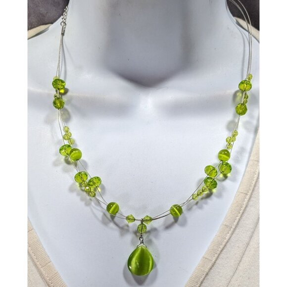 Fairycore Green Cateye Glass Beaded Pendant Necklace - Picture 4 of 5